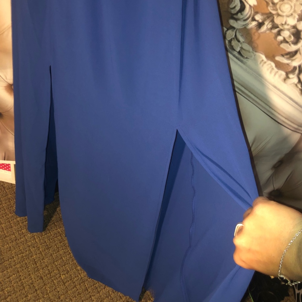 Royal Cobalt Blue Lace Chiffon Double Slit Maxi Dress - Picture 5 of 10